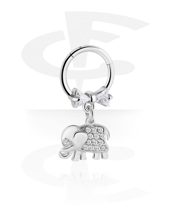 Piercing Rings, Piercing clicker (surgical steel, silver, shiny finish) with elephant charm and crystal stones, Surgical Steel 316L, Plated Brass