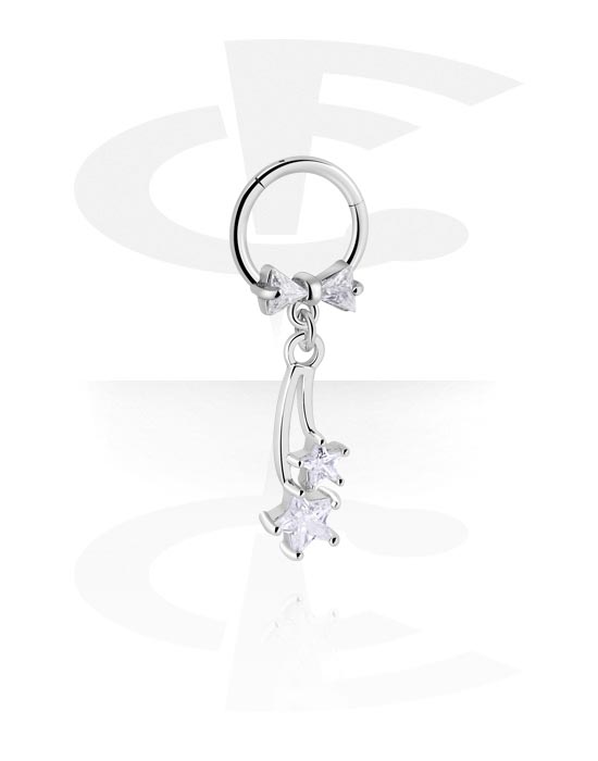 Piercing Rings, Piercing clicker (surgical steel, silver, shiny finish) with star charm and crystal stones, Surgical Steel 316L, Plated Brass