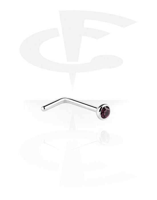 Nose Jewelry & Septums, L-shaped nose stud (surgical steel, silver, shiny finish) with crystal stone, Surgical Steel 316L