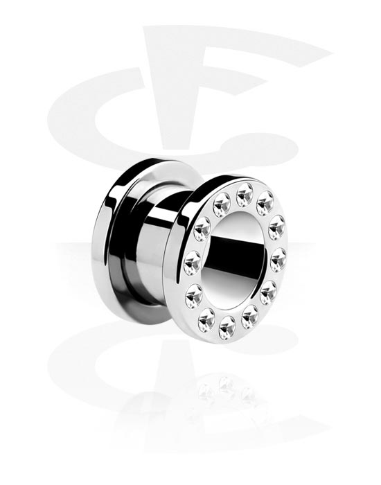 Tunneler & plugger, Screw-on tunnel (surgical steel, silver) med crystal stones, Surgical Steel 316L
