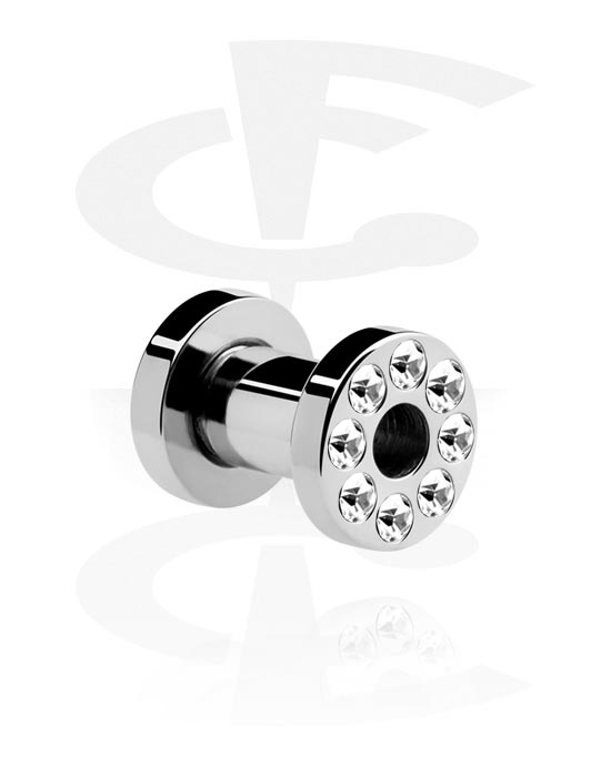 Tunneler & plugger, Screw-on tunnel (surgical steel, silver) med crystal stones, Surgical Steel 316L