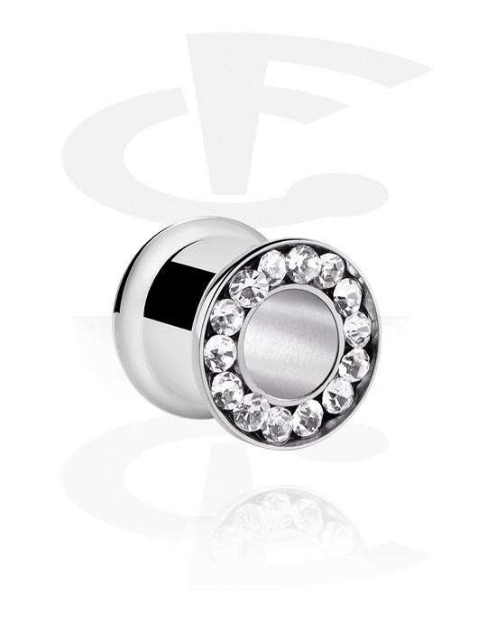 Tunnels & Plugs, Double flared tunnel (surgical steel, silver, shiny finish) with crystal stones, Surgical Steel 316L
