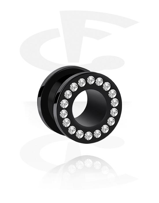 Tunneler & plugger, Screw-on tunnel (acrylic,black) med crystal stones, Acrylic