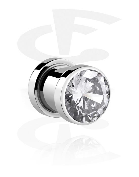 Tunneler & plugger, Screw-on tunnel (surgical steel, silver) med crystal stone, Surgical Steel 316L