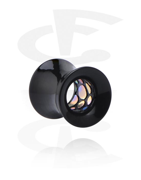 Tunneler & plugger, Double flared tunnel (acrylic, black) med colourful inlay, Acrylic