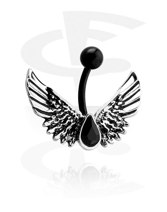 Zaobljene šipkice, Belly button ring (surgical steel, black, shiny finish) s wing design i crystal stone, Kirurški čelik 316L