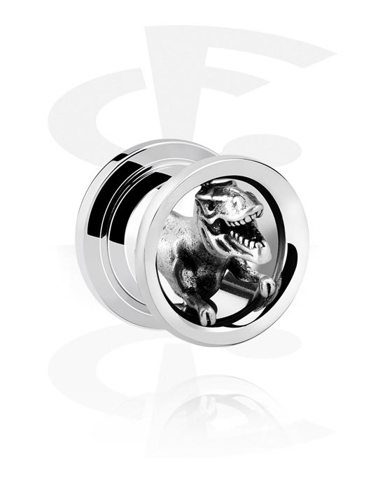 Tunely & plugy, Screw-on tunnel (surgical steel, silver) s T-Rex design, Chirurgická oceľ 316L