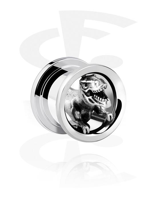Tunneler & plugger, Screw-on tunnel (surgical steel, silver) med T-Rex design, Surgical Steel 316L