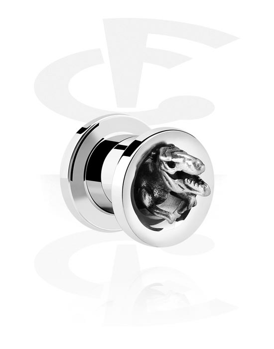 Tunnels & Plugs, Screw-on tunnel (surgical steel, silver, shiny finish) with T-Rex design, Surgical Steel 316L