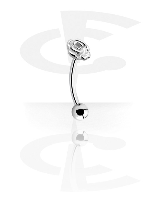 Curved Barbells, Eyebrow banana (surgical steel, silver, shiny finish) met Rose design, Chirurgisch staal 316L
