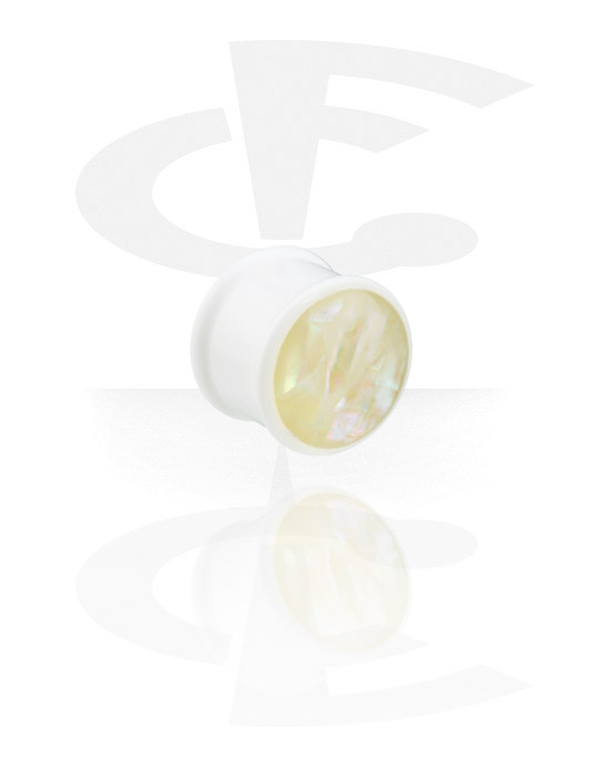 Tunnels & Plugs, Ribbed plug (acrylic, white) with imitation mother of pearl design, Acrylic