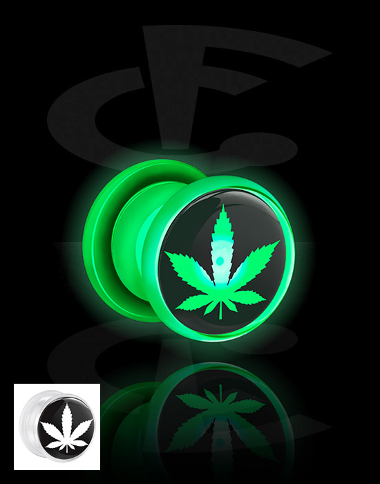 Tunely & plugy, Screw-on tunnel (acrylic, white) s LED attachment a Marijuana leaf, Akryl
