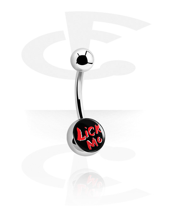 Zahnuté činky, Belly button ring (surgical steel, silver, shiny finish) s "Lick me" lettering, Chirurgická ocel 316L