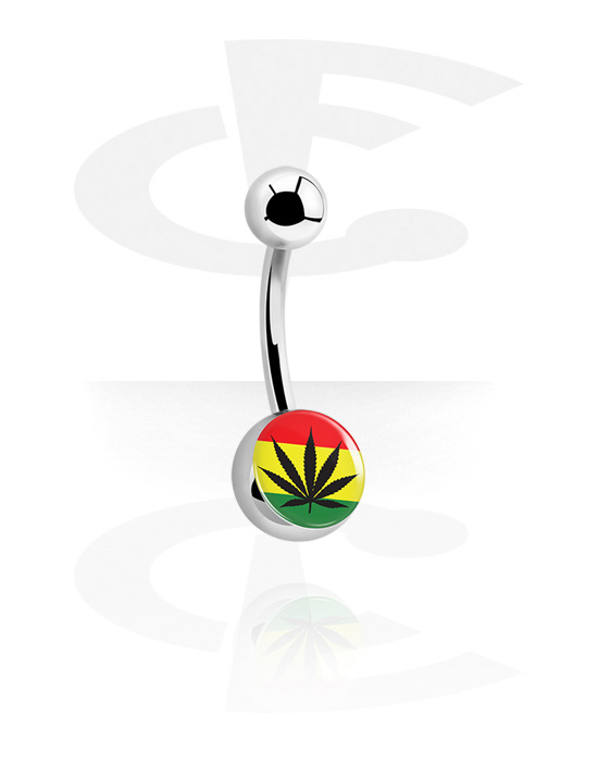 Zahnuté činky, Belly button ring (surgical steel, silver, shiny finish) s Marijuana leaf a Jamaican colours, Chirurgická ocel 316L