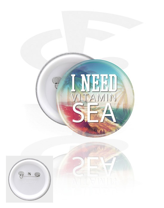 Buttony, Button s "I need vitamin sea" lettering, Pocínovaný plech, Plast
