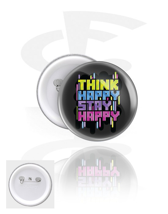 Buttony, Button s "Think happy stay happy" lettering, Pocínovaný plech, Plast