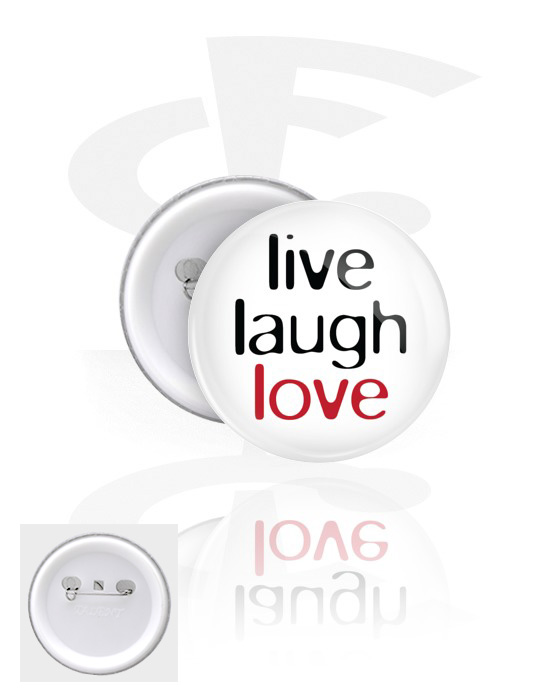 Buttony, Button s "live laugh love" lettering, Pocínovaný plech, Plast