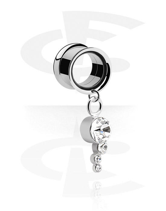 Tunneler & plugger, Double flared tunnel (surgical steel, silver) med crystal stones, Surgical Steel 316L