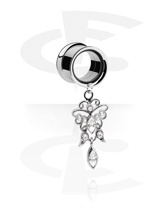 Tunneler & plugger, Double flared tunnel (surgical steel, silver) med pendant with crystal stones, Surgical Steel 316L