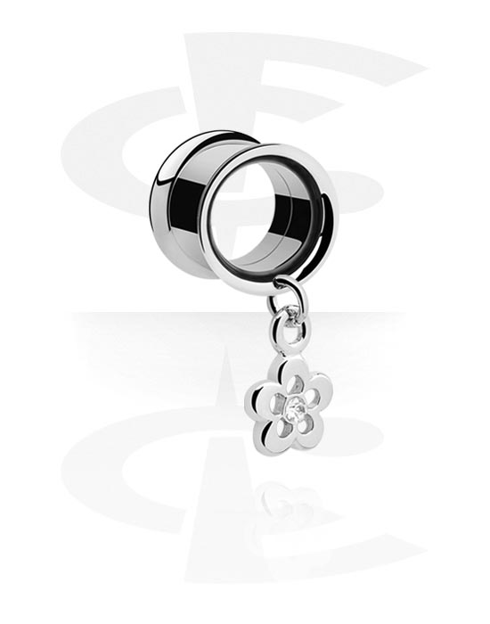 Tunneler & plugger, Double flared tunnel (surgical steel, silver) med flower charm og crystal stone, Surgical Steel 316L