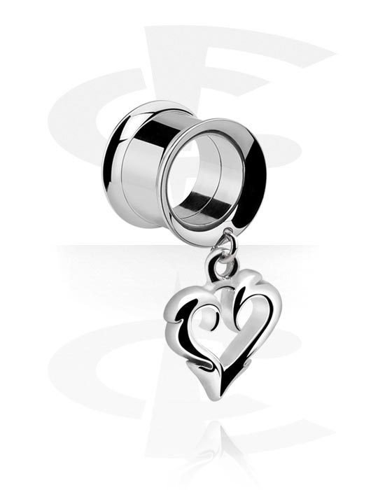 Tunnels & Plugs, Double flared tunnel (surgical steel, silver) avec Pendentif coeur, Acier chirurgical 316L