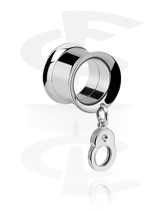 Tunneler & plugger, Double flared tunnel (surgical steel, silver) med handcuff pendant, Surgical Steel 316L