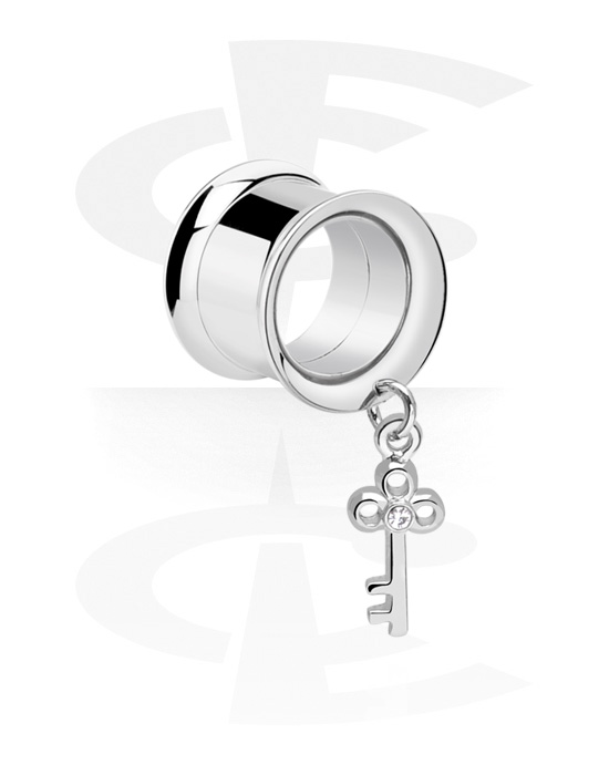 Tunneler & plugger, Double flared tunnel (surgical steel, silver) med Key Charm og crystal stone, Surgical Steel 316L
