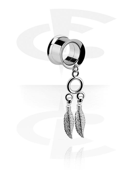 Tunneler & plugger, Double flared tunnel (surgical steel, silver) med feather pendant, Surgical Steel 316L