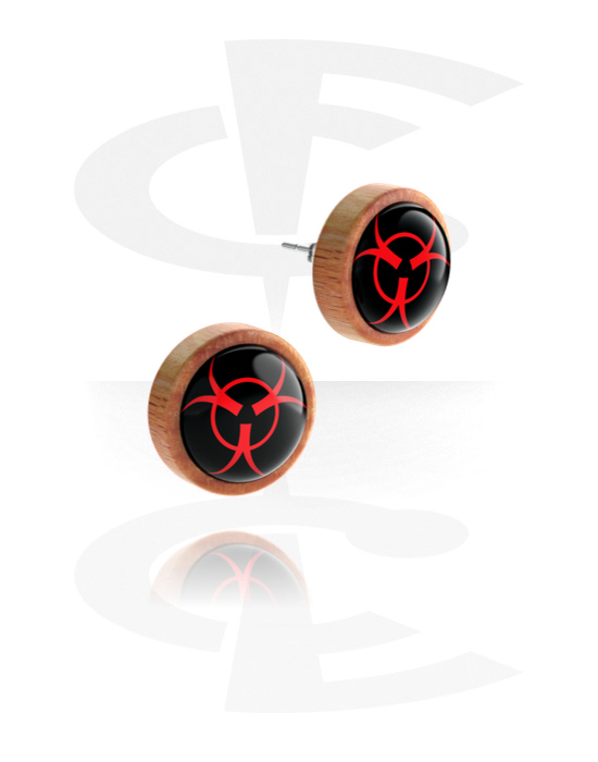 Oorringen, Ear studs (wood) met symbol "Biological hazard", Hout