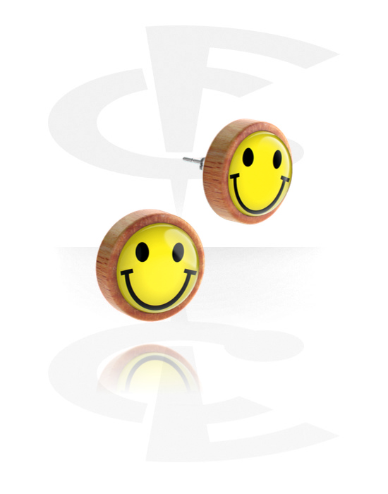 Oorringen, Ear studs (wood) met Smiley design, Hout