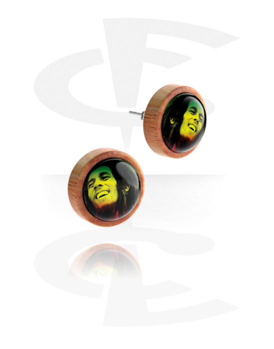 Brincos, Ear studs (wood) com motif "Bob Marley", Madeira