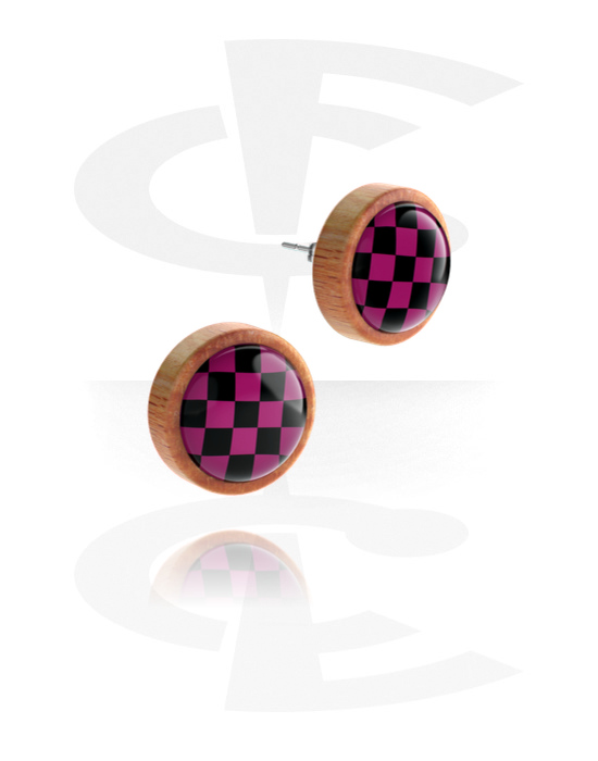 Uhani, uhančki in ščiti, Ear studs (wood) z checkered pattern, Les