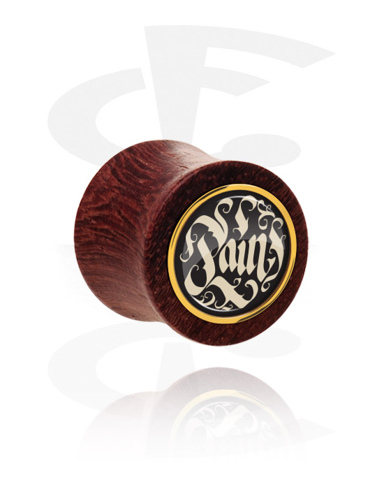 Tunneler & plugger, Double flared plug (wood) med "pain" lettering, Mahogany