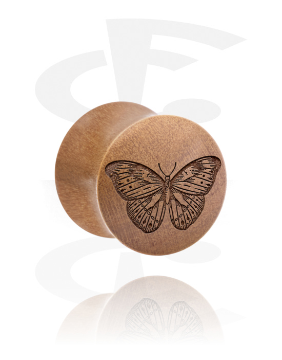 Tunnlar & Pluggar, Double flared plug (wood) med laser engraving "butterfly", Trä