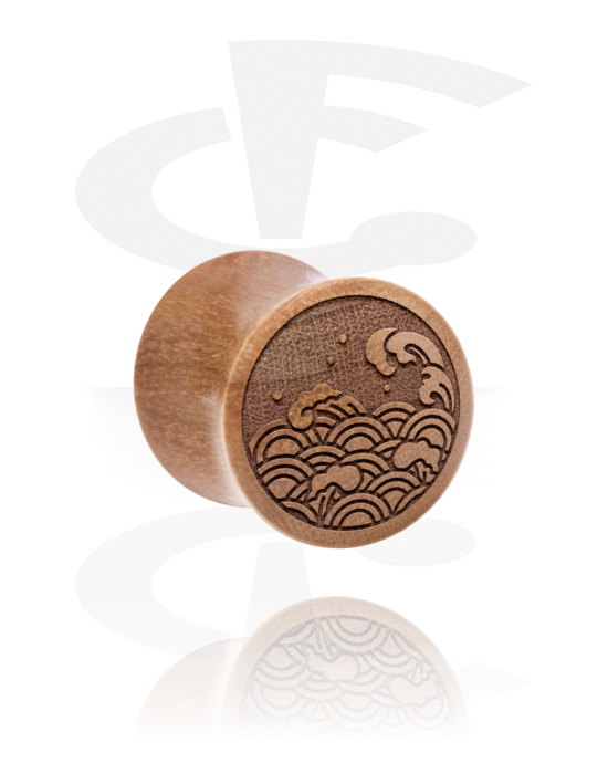 Tunnels & Plugs, Double flared plug (wood) with laser engraving "water waves", Wood