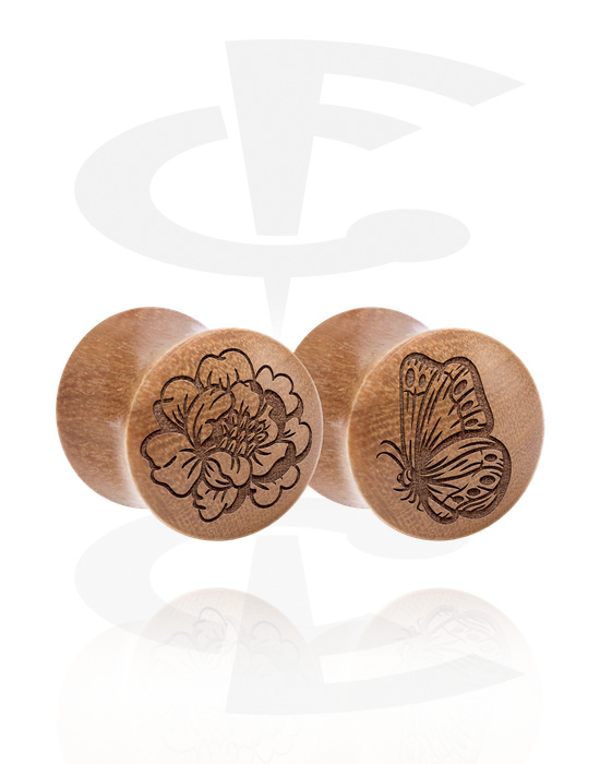 Tunnlar & Pluggar, 1 pair double flared plugs (wood) med laser engraving "flower and butterfly", Trä