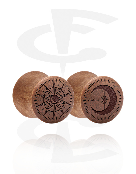 Tunneler & plugger, 1 pair double flared plugs (wood) med laser engraving "sun and moon", Wood