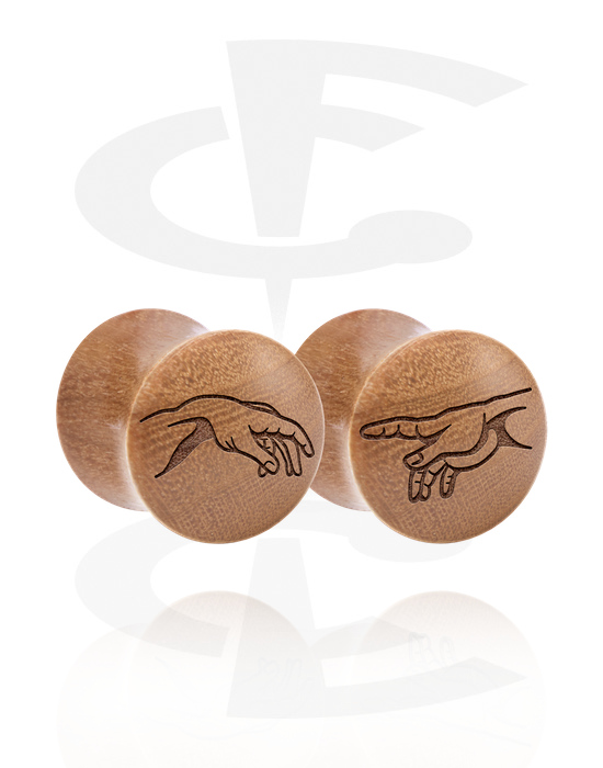 Tunnels & Plugs, 1 pair double flared plugs (wood) with laser engraving "The Creation of Adam", Wood