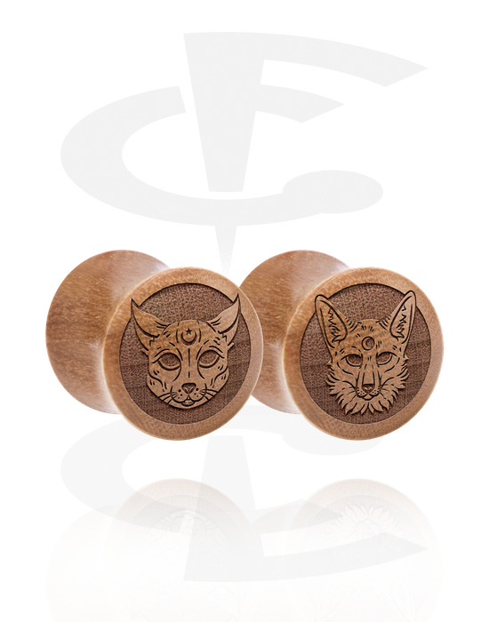 Tunnels & Plugs, 1 pair double flared plugs (wood) with laser engraving "cat and fox", Wood
