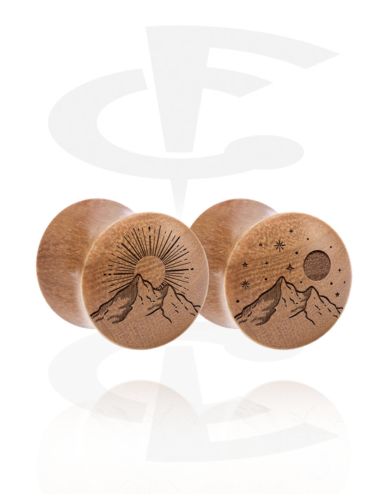 Tunnels & Plugs, 1 pair double flared plugs (wood) with laser engraving "mountain", Wood