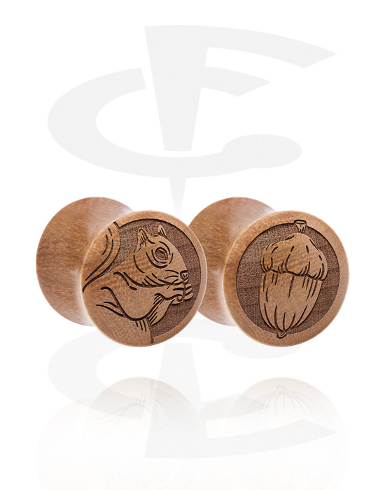 Tunnlar & Pluggar, 1 pair double flared plugs (wood) med laser engraving "squirrel", Trä