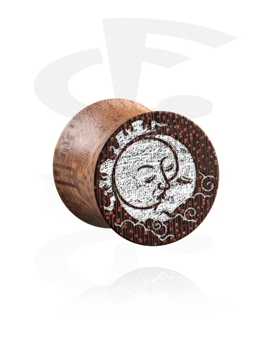 Tunnels & Plugs, Double flared plug (wood) with laser engraving "golden sun and moon", Mahogany Wood
