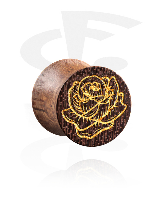 Tunnels & Plugs, Double flared plug (wood) with laser engraving "golden rose", Wood
