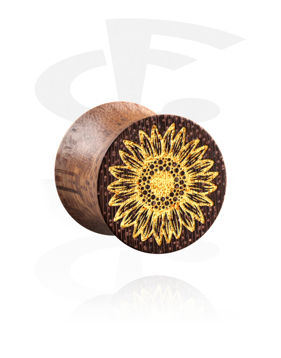 Tunnels & Plugs, Double flared plug (wood) with laser engraving "golden sunflower", Wood