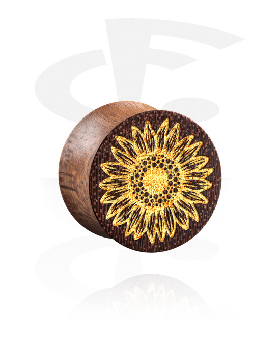 Tunely & plugy, Double flared plug (wood) s laser engraving "golden sunflower), Drevo