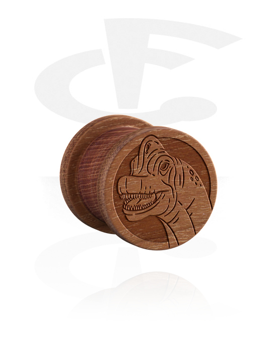 Tunnels & Plugs, Ribbed Plug with laser engraving "dinosaur", Wood