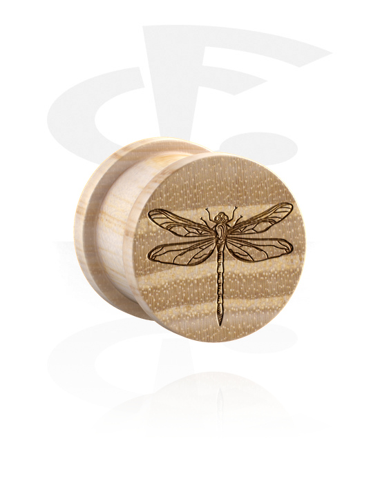 Tunnels & Plugs, Ribbed plug (wood) with laser engraving "dragonfly", Wood