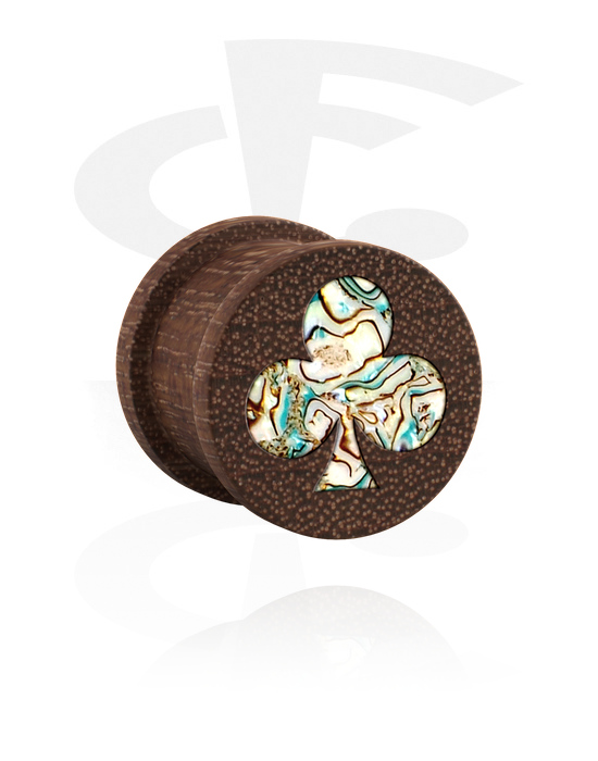 Tunnels & Plugs, Ribbed plug (wood) with spade design and imitation mother of pearl inlay in varios patterns, Wood
