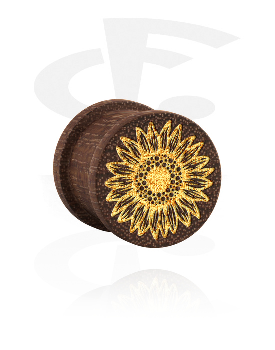 Tunnels & Plugs, Ribbed plug (wood) with laser engraving "golden sunflower", Wood