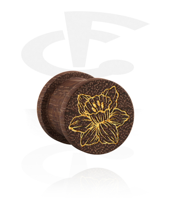 Tunnels & Plugs, Ribbed plug (wood) with laser engraving "golden flower", Wood